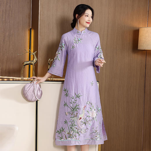 夏季新款女式中式花鸟刺绣天丝锦提花刺绣改良旗袍裙  LX22055 商品图2