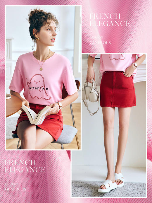 OLrain法式高级穿搭粉色短袖t恤女夏季2022年新款珠片绣宽松上衣 商品图0