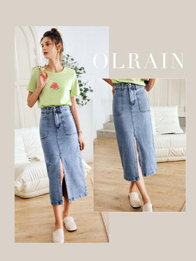 OLrain法式牛仔半身裙女夏季2022新款高腰气质显瘦开叉包臀A字裙