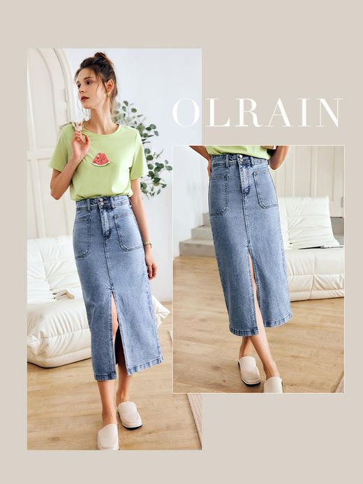 OLrain法式牛仔半身裙女夏季2022新款高腰气质显瘦开叉包臀A字裙 商品图0