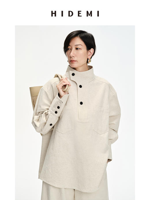 HIDEMI 立领纽扣口袋设计感自然厚款粗亚麻极简套装 上衣/九分裤 米杏色/黑色 商品图9