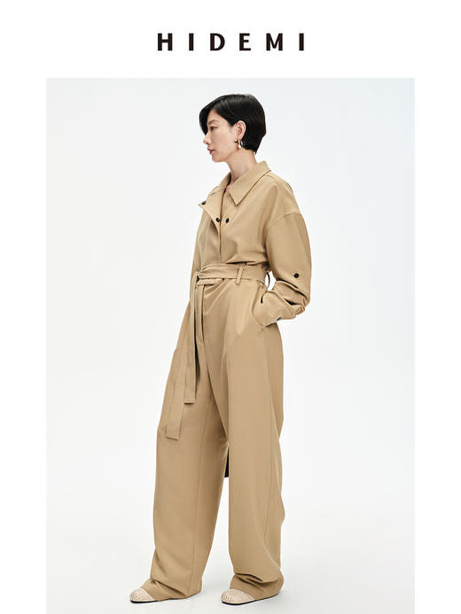 HIDEMI 卡其色风衣翻领工装设计感可拆卸腰带连体裤 商品图6