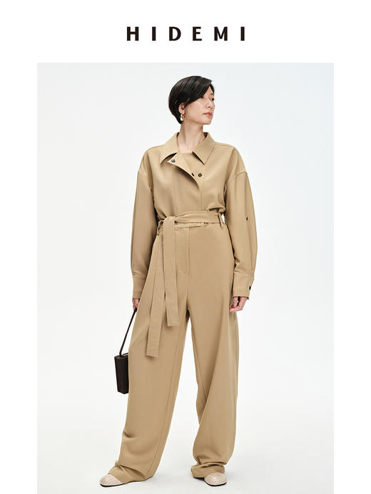 HIDEMI 卡其色风衣翻领工装设计感可拆卸腰带连体裤 商品图3