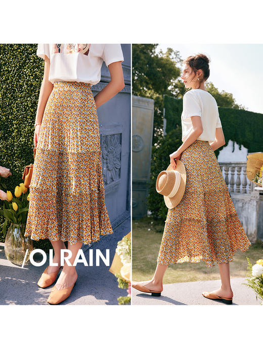 欧芮儿碎花雪纺半身裙女夏装2022新款高腰法式复古百褶薄中长伞裙 商品图2