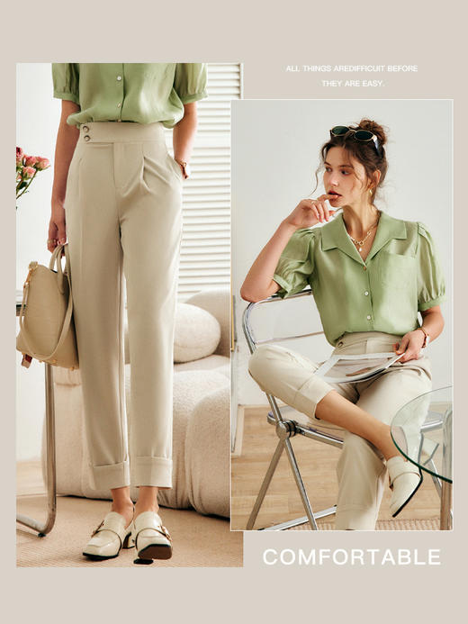 欧芮儿西装休闲裤女夏季2022年新款高腰时尚直筒翻边九分锥形裤子 商品图3