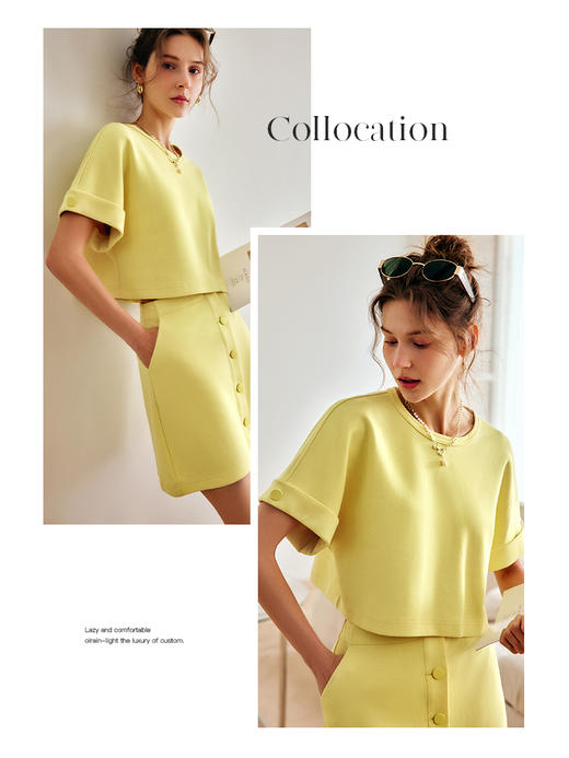 欧芮儿黄色时尚套装女夏季2022年新款气质减龄短款珠地棉两件套 商品图1