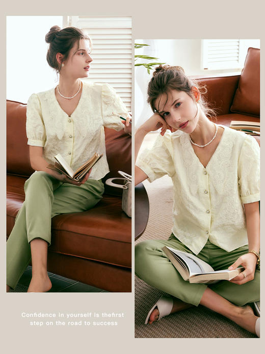 OLrain法式高级穿搭提花衬衫女夏季2022新款复古短款肌理优雅衬衣 商品图1