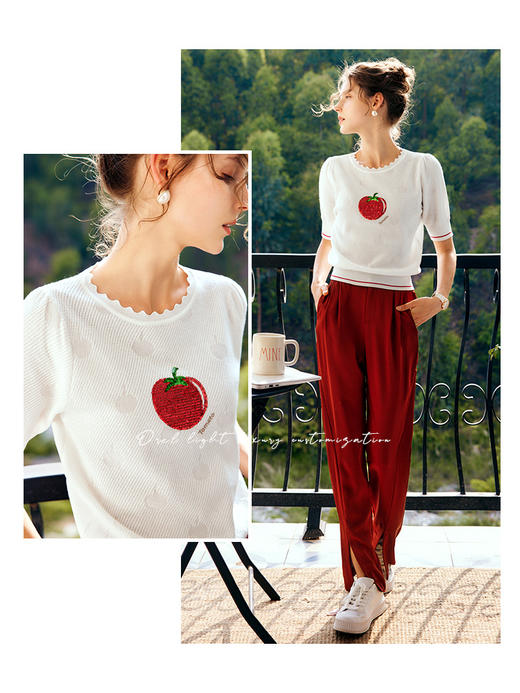 OLrain法式白色针织衫女夏季2022年新款珠片刺绣欧根纱冰丝套头衫 商品图1