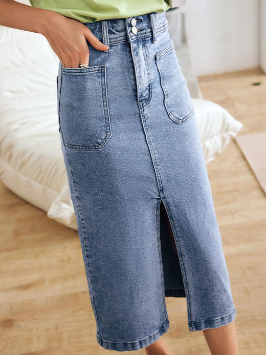 OLrain法式牛仔半身裙女夏季2022新款高腰气质显瘦开叉包臀A字裙 商品图1