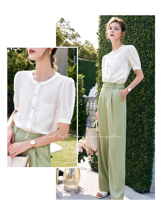 OLrain法式白色衬衫女夏季2022年新款刺绣泡泡袖薄款圆领短袖衬衣 商品图0