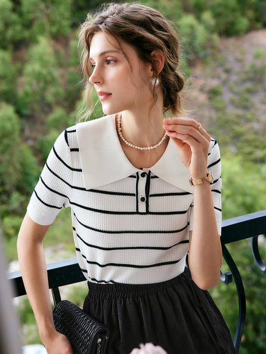 OLrain法式条纹针织衫女夏季2022年新款宽松显瘦薄款方领套头上衣 商品图0