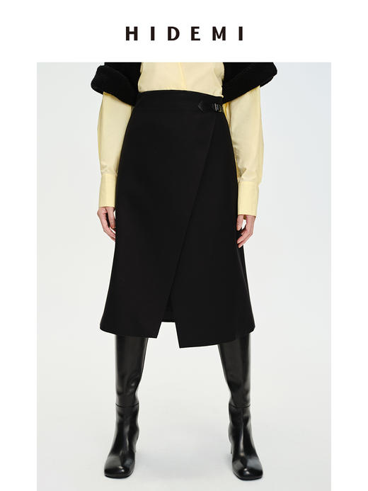 HIDEMI 黑色不对称开衩设计感拼皮扣半身裙皮裙 商品图1