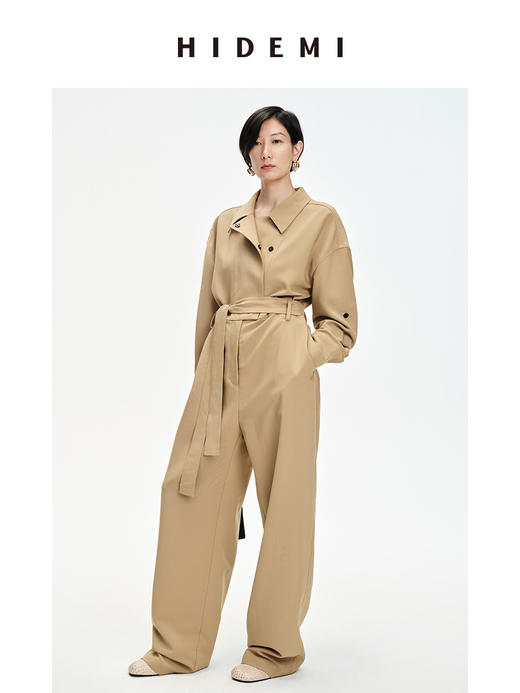 HIDEMI 卡其色风衣翻领工装设计感可拆卸腰带连体裤 商品图7