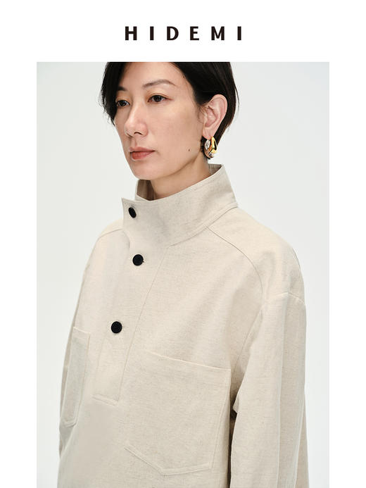 HIDEMI 立领纽扣口袋设计感自然厚款粗亚麻极简套装 上衣/九分裤 米杏色/黑色 商品图3