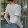【裸感】大圆领前排扭扣泡泡袖运动上衣女长袖T恤 商品缩略图3