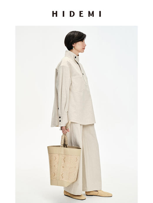 HIDEMI 立领纽扣口袋设计感自然厚款粗亚麻极简套装 上衣/九分裤 米杏色/黑色 商品图2