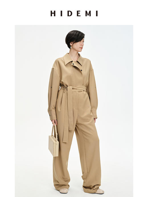 HIDEMI 卡其色风衣翻领工装设计感可拆卸腰带连体裤 商品图0