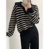 【限时折扣】韩版V领条纹撞色针织衫（米白色/黑色）均码 商品缩略图4