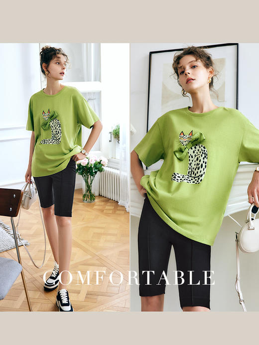 OLrain法式短袖纯棉t恤女夏季2022年新款宽松猫咪印花设计感上衣 商品图1