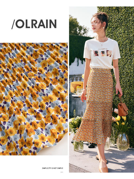 欧芮儿碎花雪纺半身裙女夏装2022新款高腰法式复古百褶薄中长伞裙 商品图1