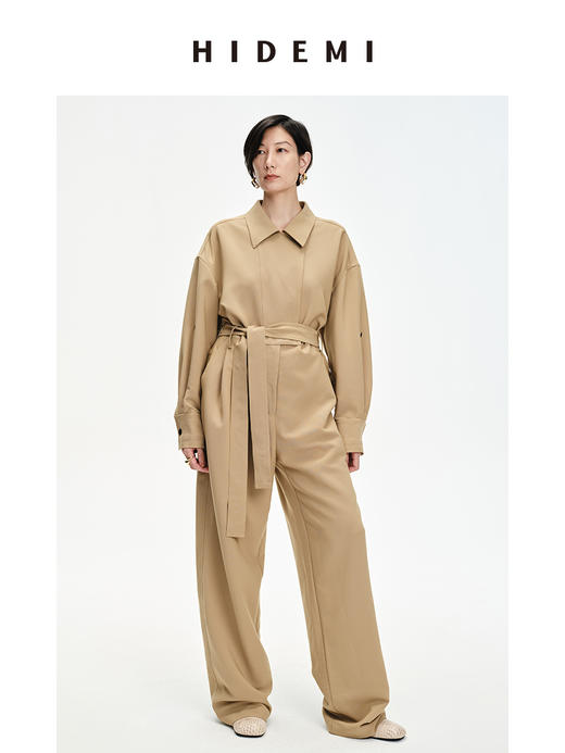 HIDEMI 卡其色风衣翻领工装设计感可拆卸腰带连体裤 商品图2