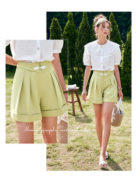 OLrain法式高级穿搭短款休闲裤女夏季2022新款高腰盘扣直筒阔腿裤