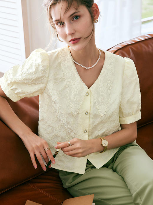 OLrain法式高级穿搭提花衬衫女夏季2022新款复古短款肌理优雅衬衣 商品图2