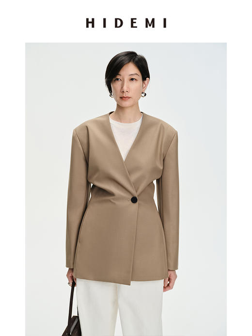 HIDEMI 卡其色V领设计感一粒扣收腰式西装外套 商品图8
