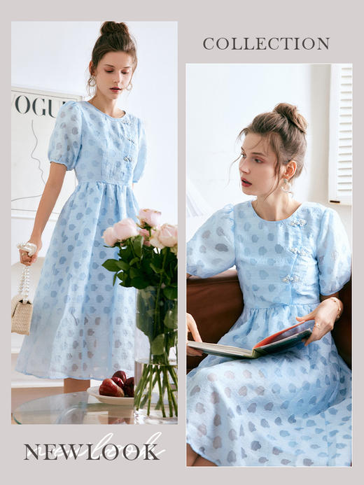 OLrain法式高级穿搭蓝色短袖连衣裙女夏季2022新款新中式气质裙子 商品图1