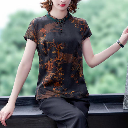 2022香云纱上衣女中式短袖中老年妈妈重磅真丝夏装桑蚕丝衬衫短款dp995 商品图1