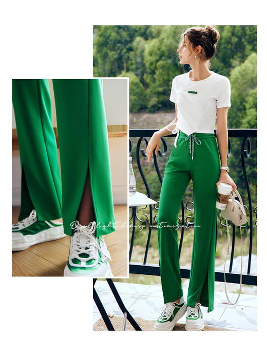OLrain法式高级穿搭绿色休闲裤女夏季2022新款高腰宽松直筒开叉裤 商品图1
