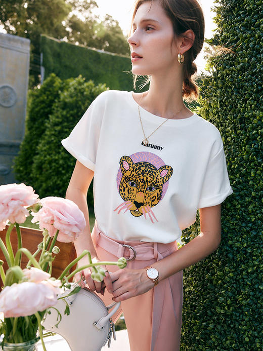 欧芮儿白色短袖t恤女夏季2022新款宽松时尚虎头印花圆领休闲上衣 商品图3