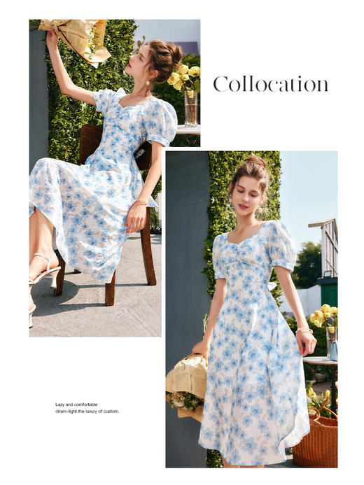 欧芮儿碎花连衣裙女夏季2022年新款收腰时尚法式方领泡泡袖茶歇裙 商品图1