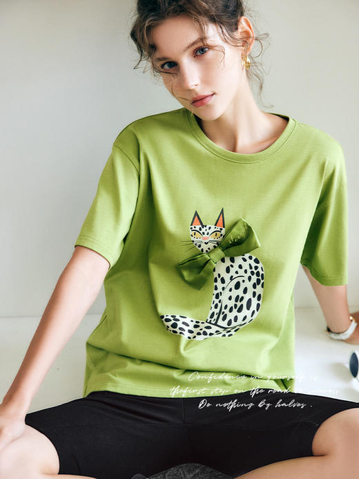 OLrain法式短袖纯棉t恤女夏季2022年新款宽松猫咪印花设计感上衣 商品图2