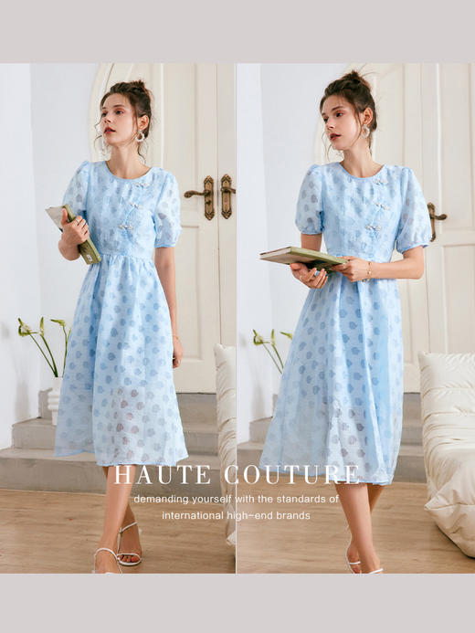 OLrain法式高级穿搭蓝色短袖连衣裙女夏季2022新款新中式气质裙子 商品图3
