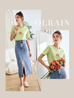 OLrain法式绿色短袖t恤女夏季2022新款宽松显瘦百搭西瓜圆领上衣