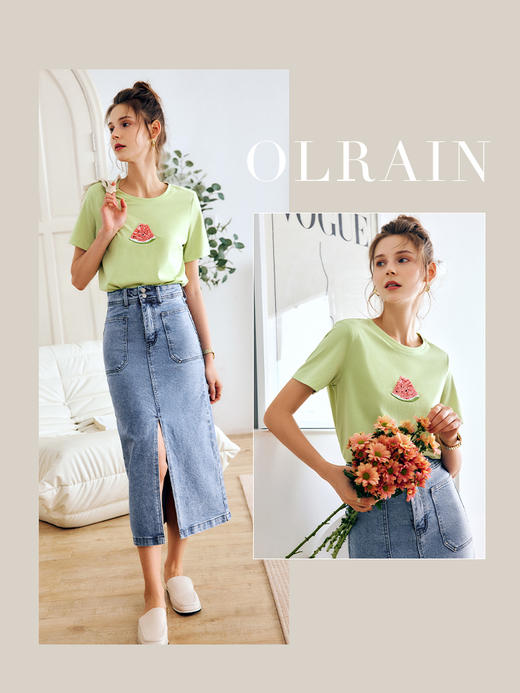 OLrain法式绿色短袖t恤女夏季2022新款宽松显瘦百搭西瓜圆领上衣 商品图0