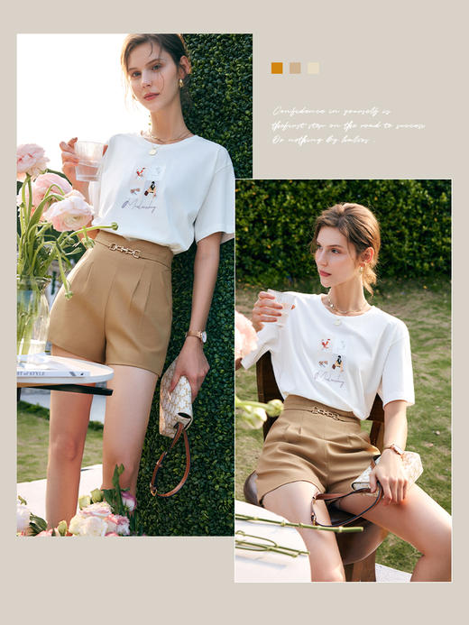 欧芮儿白色t恤女夏季2022新款宽松时尚印花落肩袖圆领纯棉上衣ins 商品图3