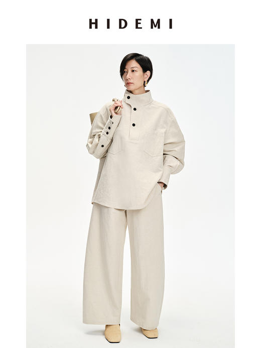 HIDEMI 立领纽扣口袋设计感自然厚款粗亚麻极简套装 上衣/九分裤 米杏色/黑色 商品图7