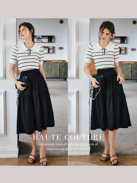 OLrain法式高级穿搭黑色半身裙女夏季2022新款高腰显瘦提花肌理裙 商品图3