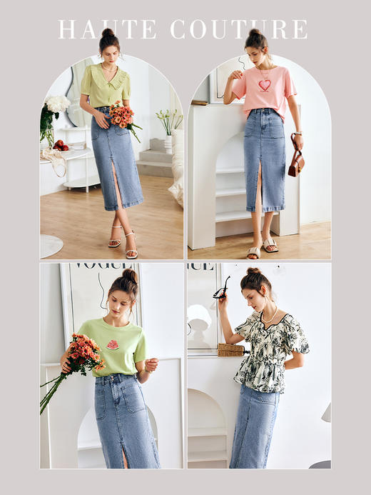 OLrain法式牛仔半身裙女夏季2022新款高腰气质显瘦开叉包臀A字裙 商品图2