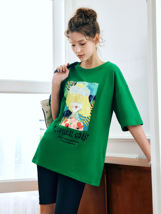 OLrain法式绿色短袖T恤女夏季2022新款宽松显瘦圆领印花短袖上衣 商品图3