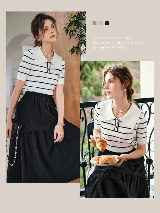 OLrain法式条纹针织衫女夏季2022年新款宽松显瘦薄款方领套头上衣 商品图3