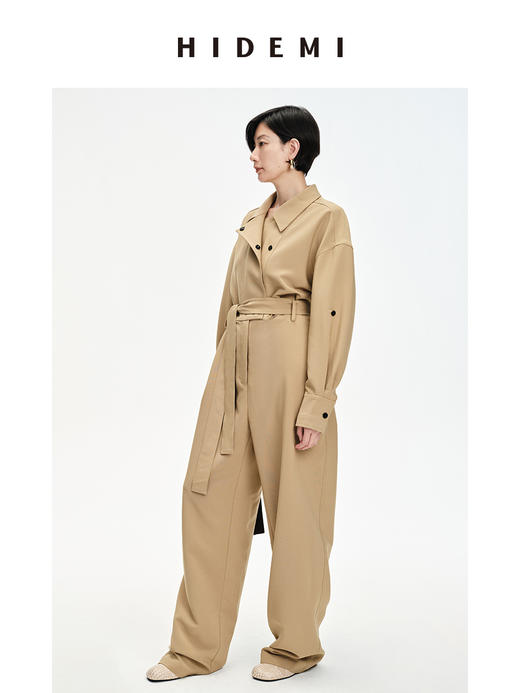 HIDEMI 卡其色风衣翻领工装设计感可拆卸腰带连体裤 商品图5
