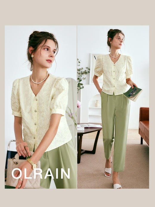 OLrain法式高级穿搭提花衬衫女夏季2022新款复古短款肌理优雅衬衣 商品图3
