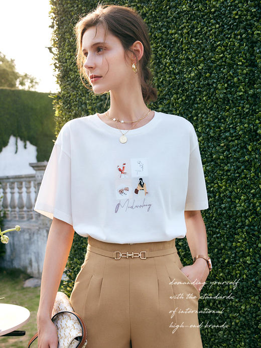 欧芮儿白色t恤女夏季2022新款宽松时尚印花落肩袖圆领纯棉上衣ins 商品图1