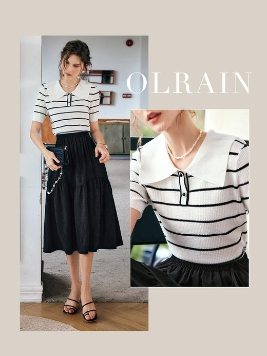 OLrain法式条纹针织衫女夏季2022年新款宽松显瘦薄款方领套头上衣 商品图1