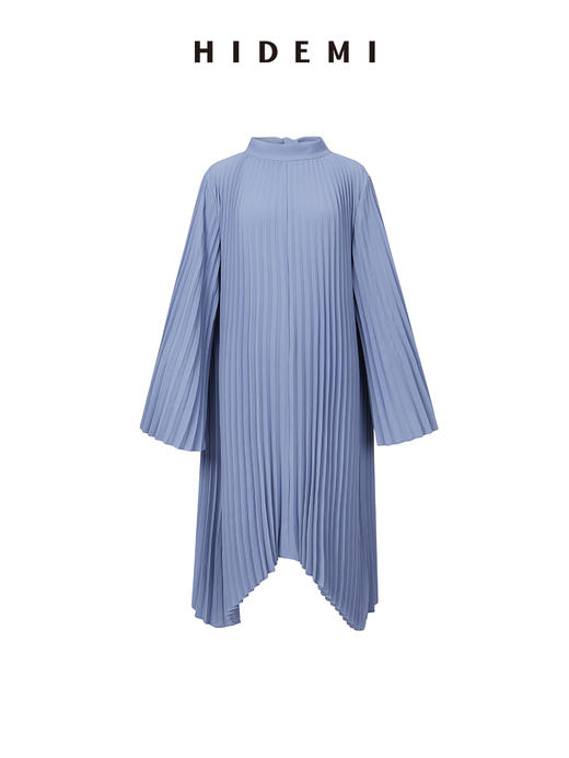 HIDEMI 风铃蓝立领设计感百褶风琴不规则下摆连衣裙 商品图5