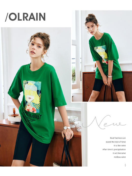 OLrain法式绿色短袖T恤女夏季2022新款宽松显瘦圆领印花短袖上衣 商品图2
