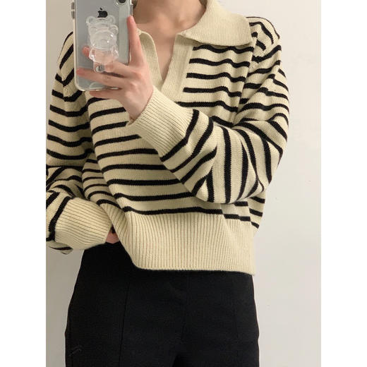 【限时折扣】韩版V领条纹撞色针织衫（米白色/黑色）均码 商品图2